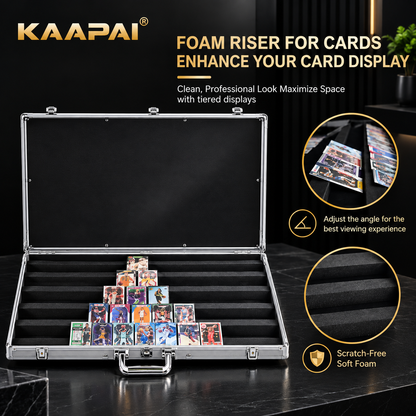 Open TradeVault card display case featuring adjustable angle foam slots for professional card viewing.