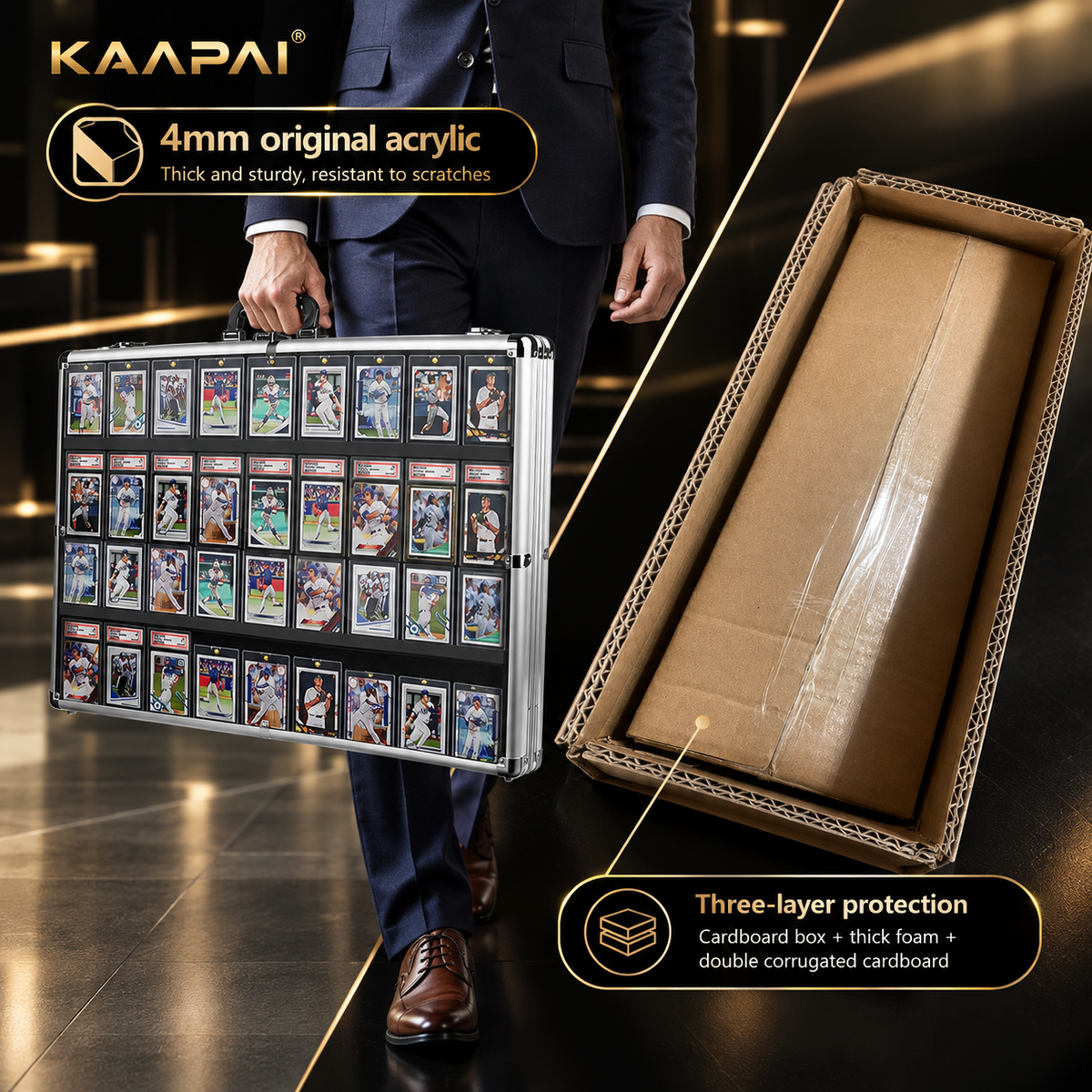 KAAPAI TradeVault lockable card case in-use display showing heavy-duty 3-layer packaging for damage-free delivery.