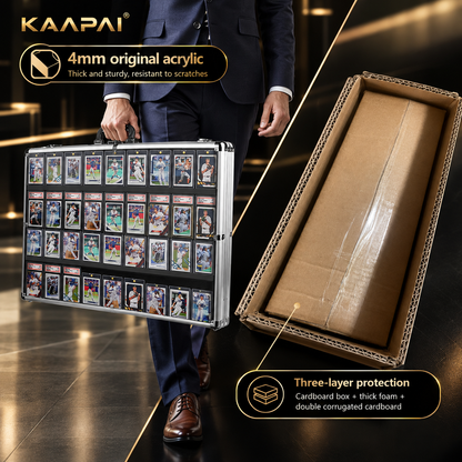 KAAPAI TradeVault lockable card case in-use display showing heavy-duty 3-layer packaging for damage-free delivery.