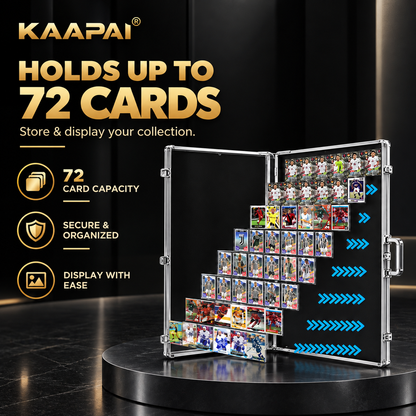 Open TradeVault aluminum card display case showcasing 72 card capacity with secure and organized layout.