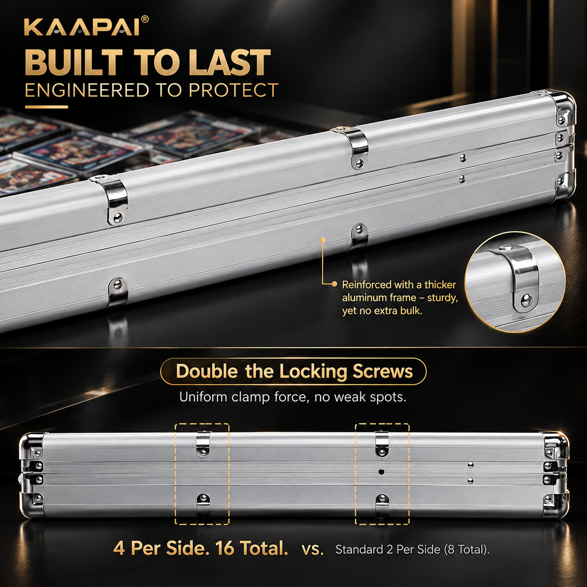 Close-up of KAAPAI card display case reinforced aluminum frame with double locking screws for extra protection
