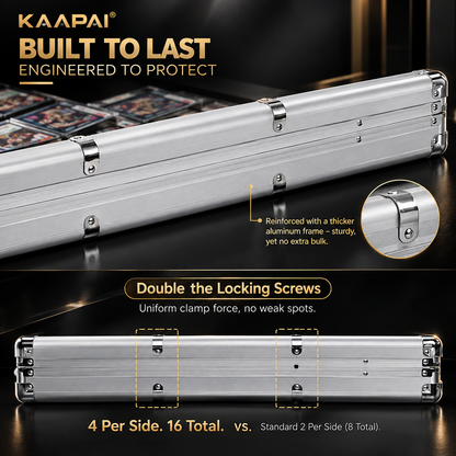 Close-up of KAAPAI card display case reinforced aluminum frame with double locking screws for extra protection