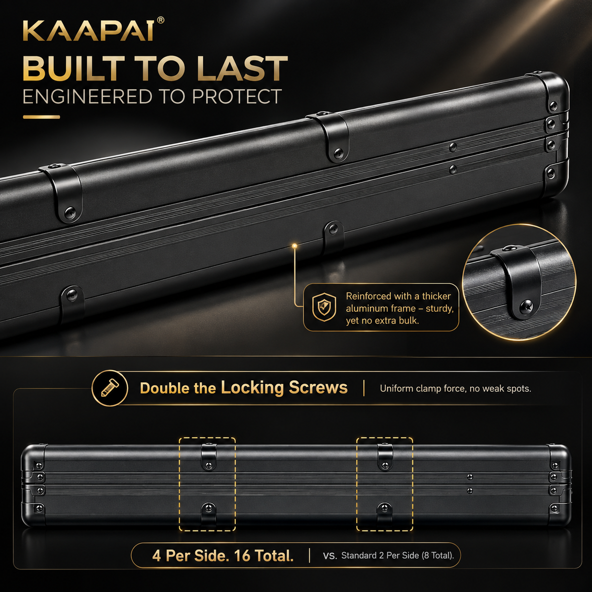 KAAPAI TradeVault lockable card case showing reinforced aluminum frame and 16 locking screws detail