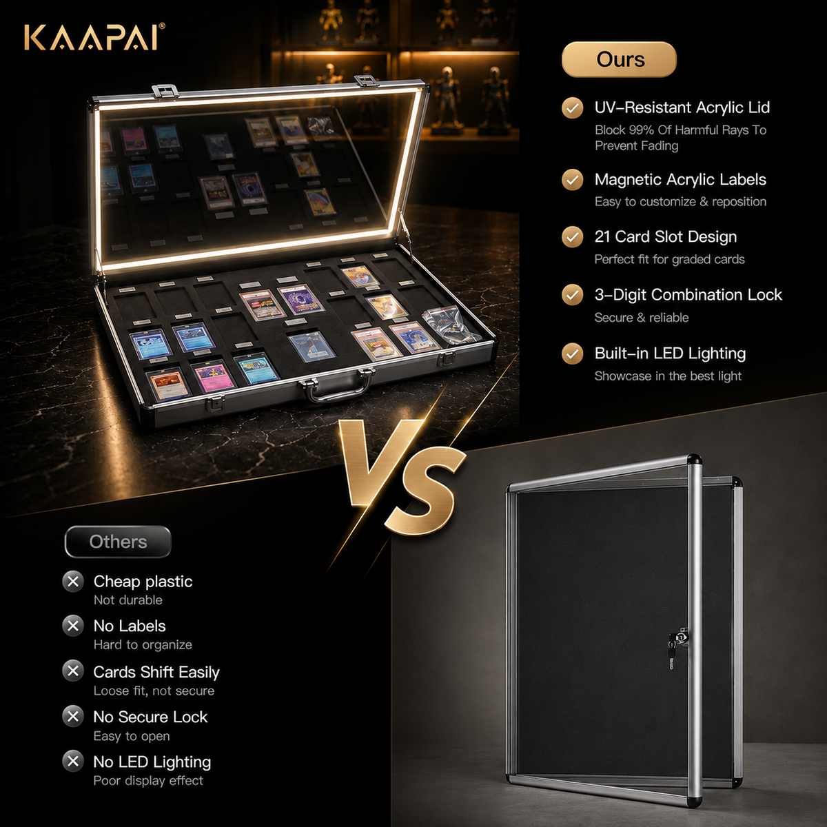 Kaapai acrylic card case shown open on a dark background, with feature callouts on the right and comparison text on the left. The product is a rectangular metal and acrylic card storage case with built-in LED lighting and multiple card slots.