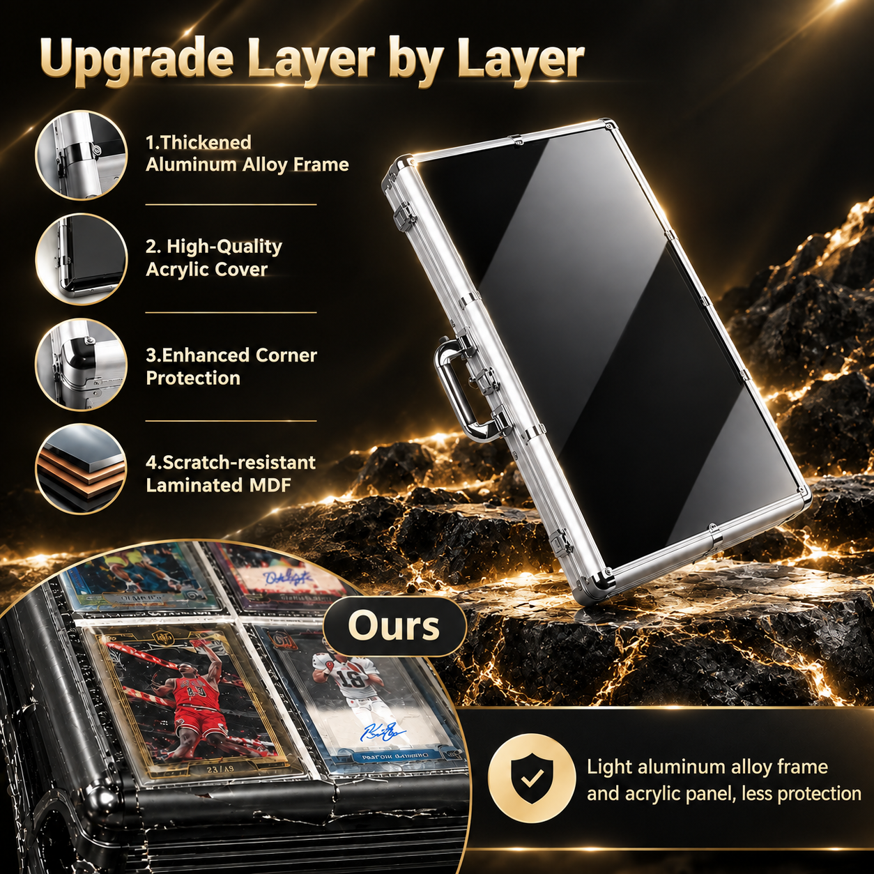 Explode view image showcasing TradeVault aluminum card storage case material quality and corner protection details vs competitors.