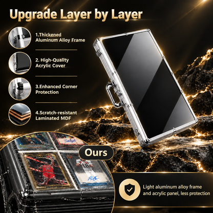 Explode view image showcasing TradeVault aluminum card storage case material quality and corner protection details vs competitors.