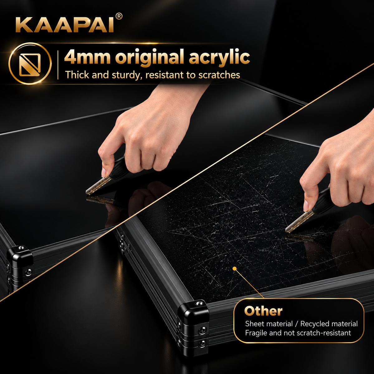 KAAPAI TradeVault card case showing 4mm thick original acrylic scratch test comparison against cheap alternatives.
