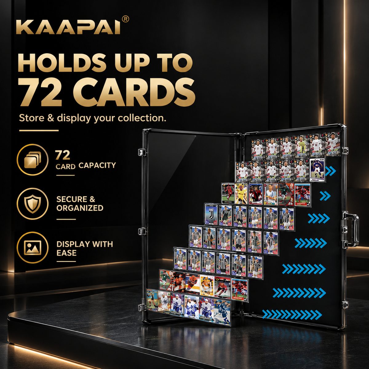 KAAPAI TradeVault lockable card case displaying large capacity storage holding up to 72 graded cards.