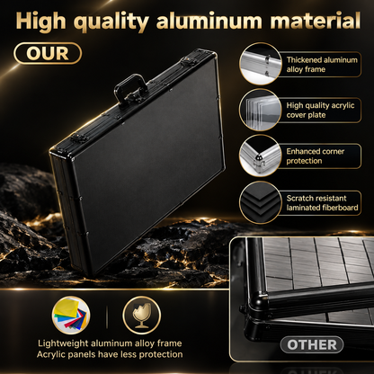 TradeVault card case featuring high-quality aluminum, 4mm acrylic panels, enhanced corners, and scratch-resistant fiberboard compared to lightweight alternatives.