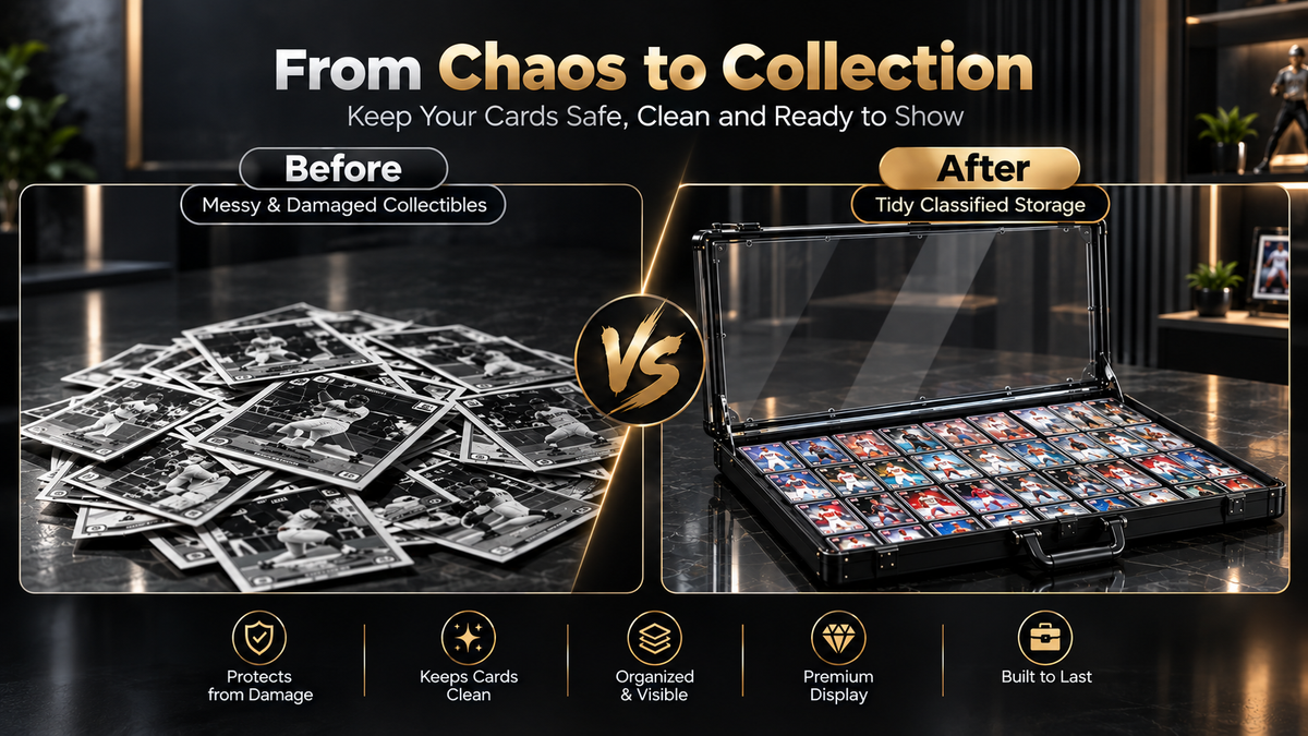 KAAPAI TradeVault before and after comparison showing messy unprotected trading cards versus neatly organized cards in an aluminum display case.