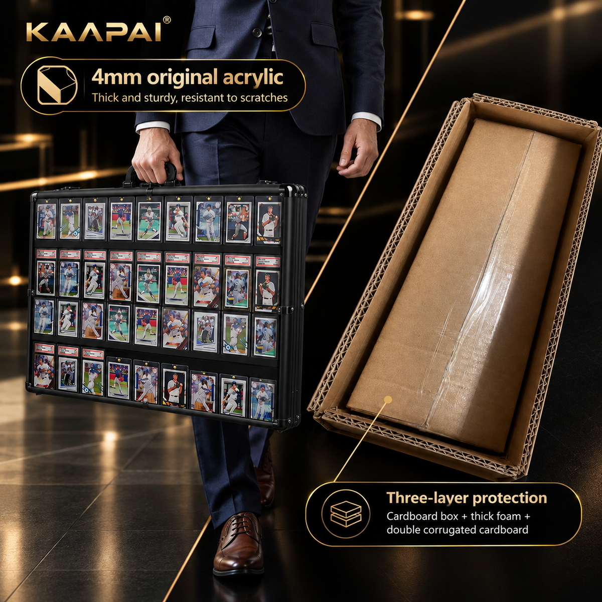 Man carrying KAAPAI TradeVault card display case filled with PSA slabs, alongside three-layer protective shipping box.