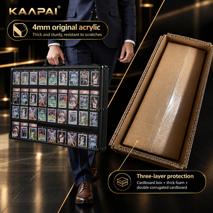 Man carrying KAAPAI TradeVault card display case filled with PSA slabs, alongside three-layer protective shipping box.