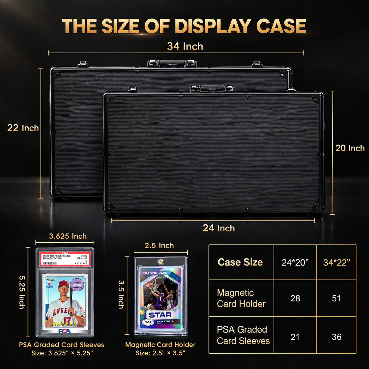 KAAPAI TradeVault card case dimension chart showing 24x20 and 34x22 inch sizes and PSA slab capacity.