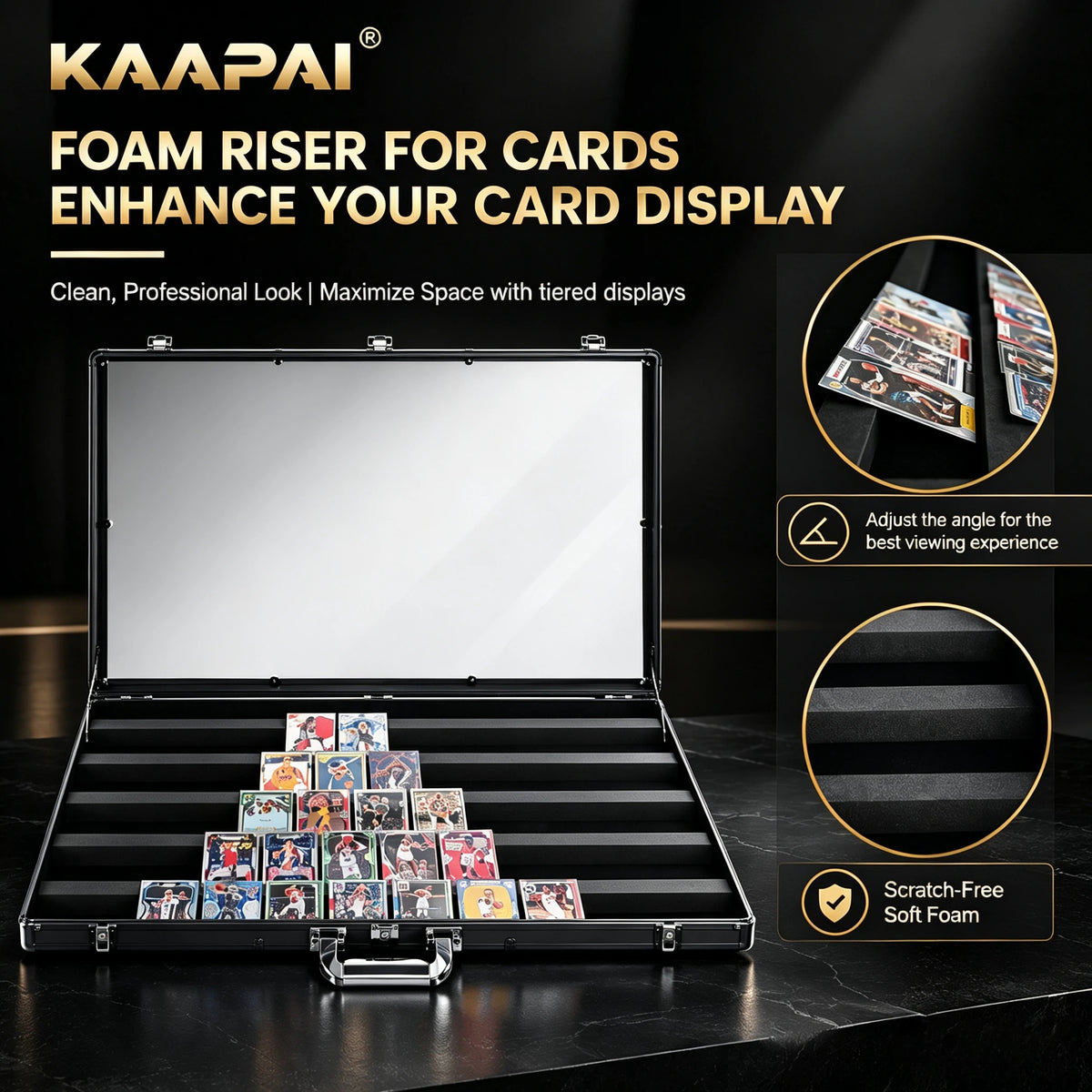 KAAPAI TradeVault card case showing foam risers for tiered displays and scratch-free soft foam card insert.
