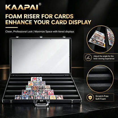 KAAPAI TradeVault card case showing foam risers for tiered displays and scratch-free soft foam card insert.