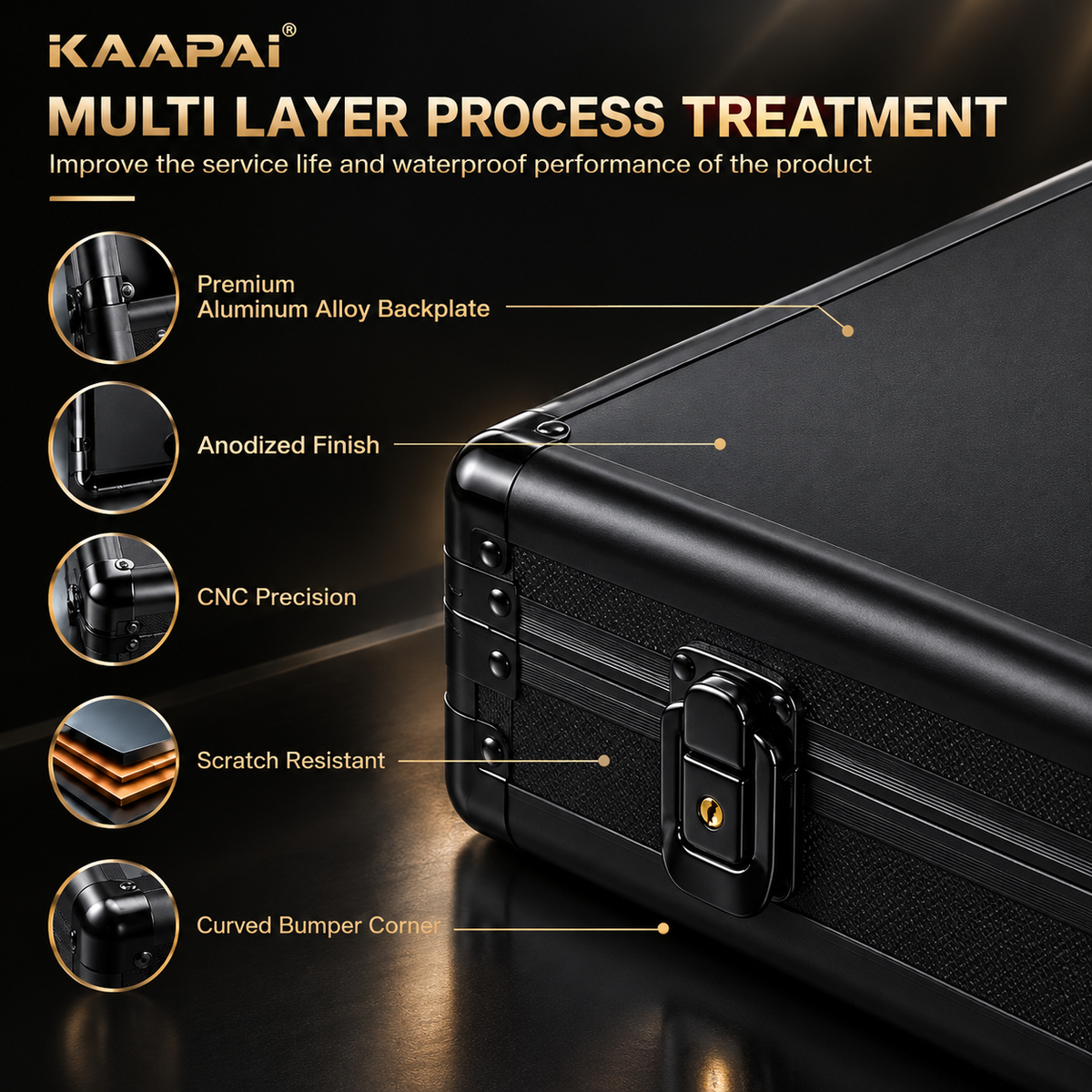 KAAPAI TradeVault lockable card case showing multi-layer process, anodized aluminum finish, CNC precision & scratch resistance.