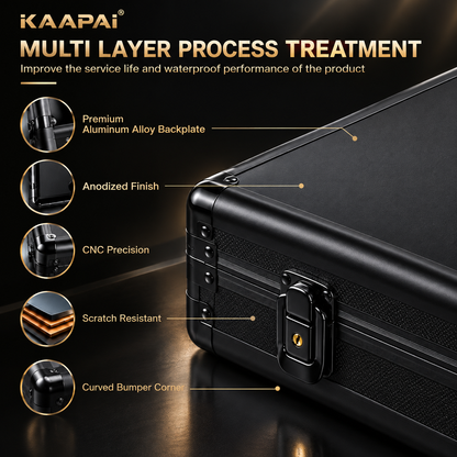 KAAPAI TradeVault lockable card case showing multi-layer process, anodized aluminum finish, CNC precision & scratch resistance.