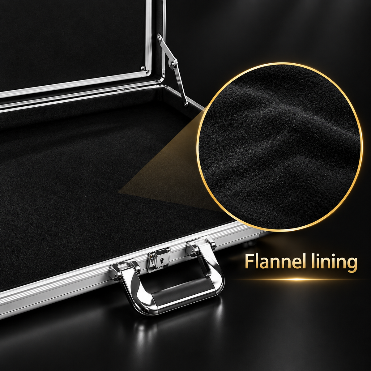 Close-up of TradeVault aluminum card display case featuring soft black flannel velvet lining for long-lasting durability.