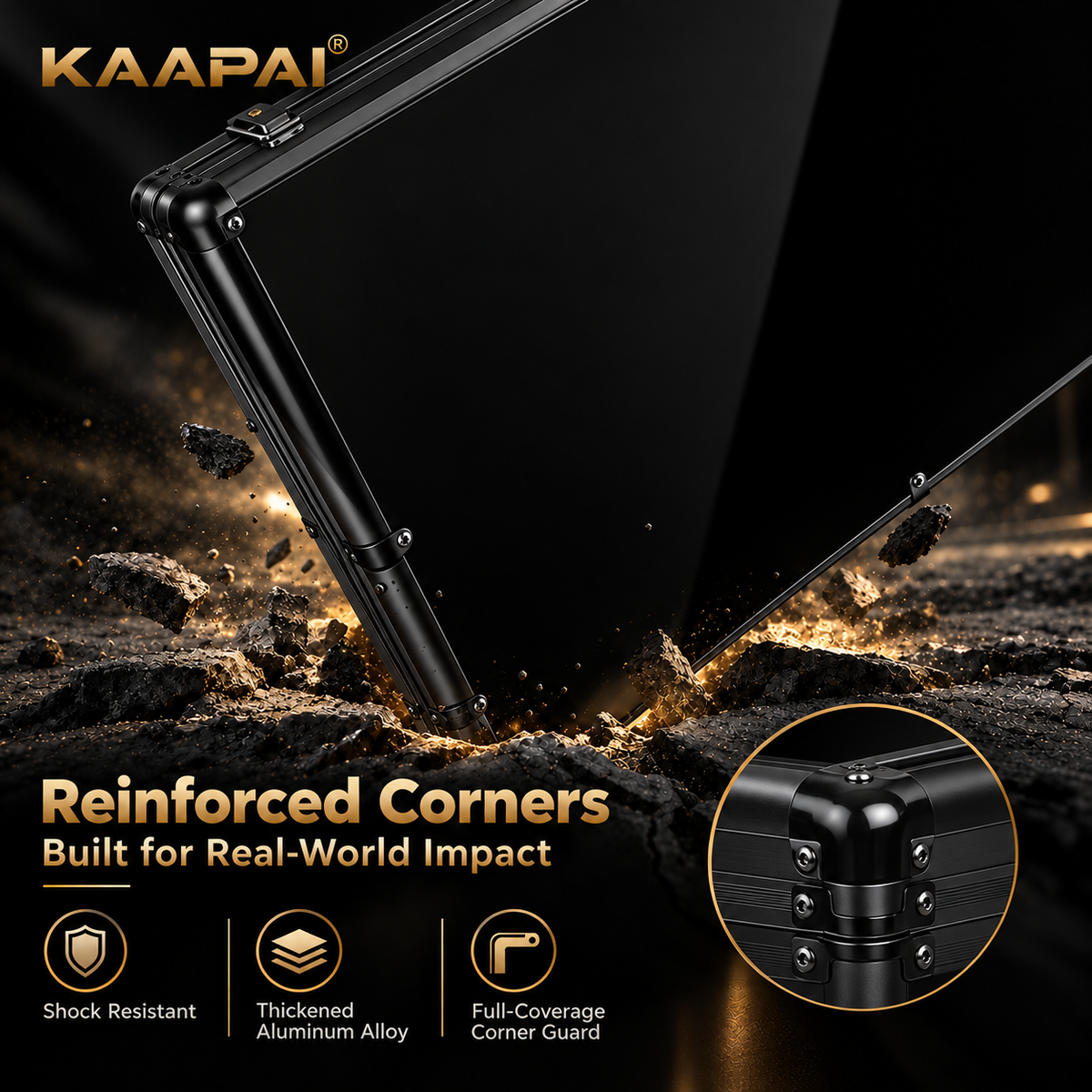 KAAPAI TradeVault card display case featuring shock-resistant reinforced corners and full-coverage aluminum corner guard.