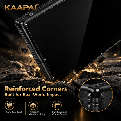 KAAPAI TradeVault card display case featuring shock-resistant reinforced corners and full-coverage aluminum corner guard.