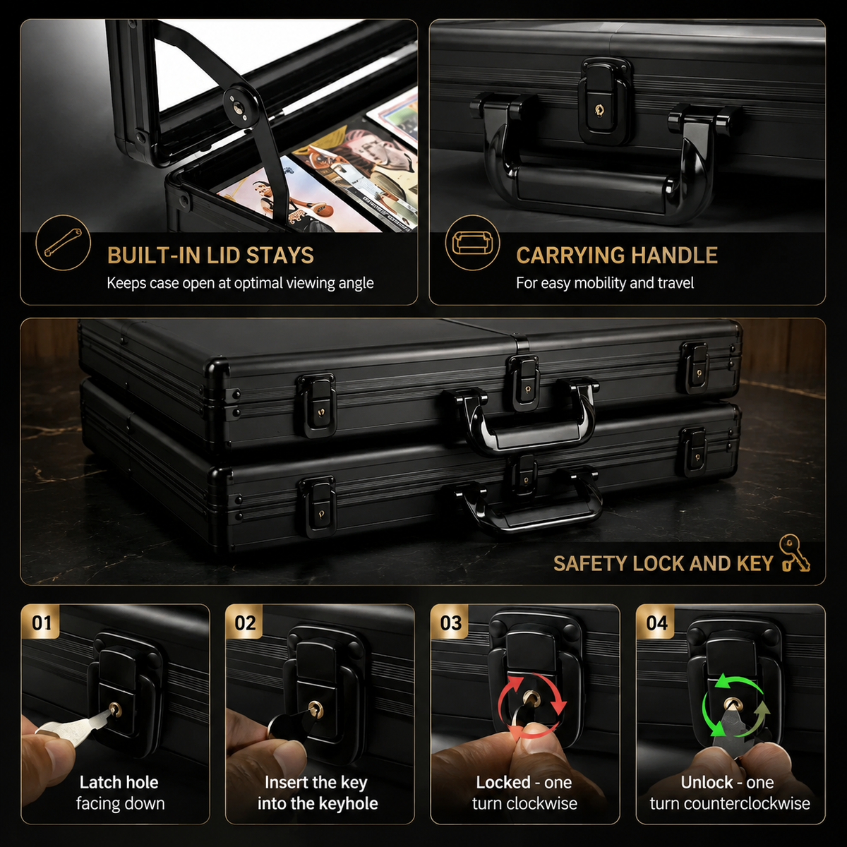 KAAPAI TradeVault card case featuring built-in lid stays, carrying handle, and step-by-step safety key lock guide.