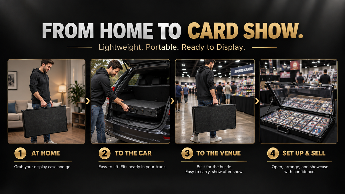 Aluminum trading card display case transition steps from home storage, car trunk transport, to venue setup at a sports card show with PSA graded cards displayed.